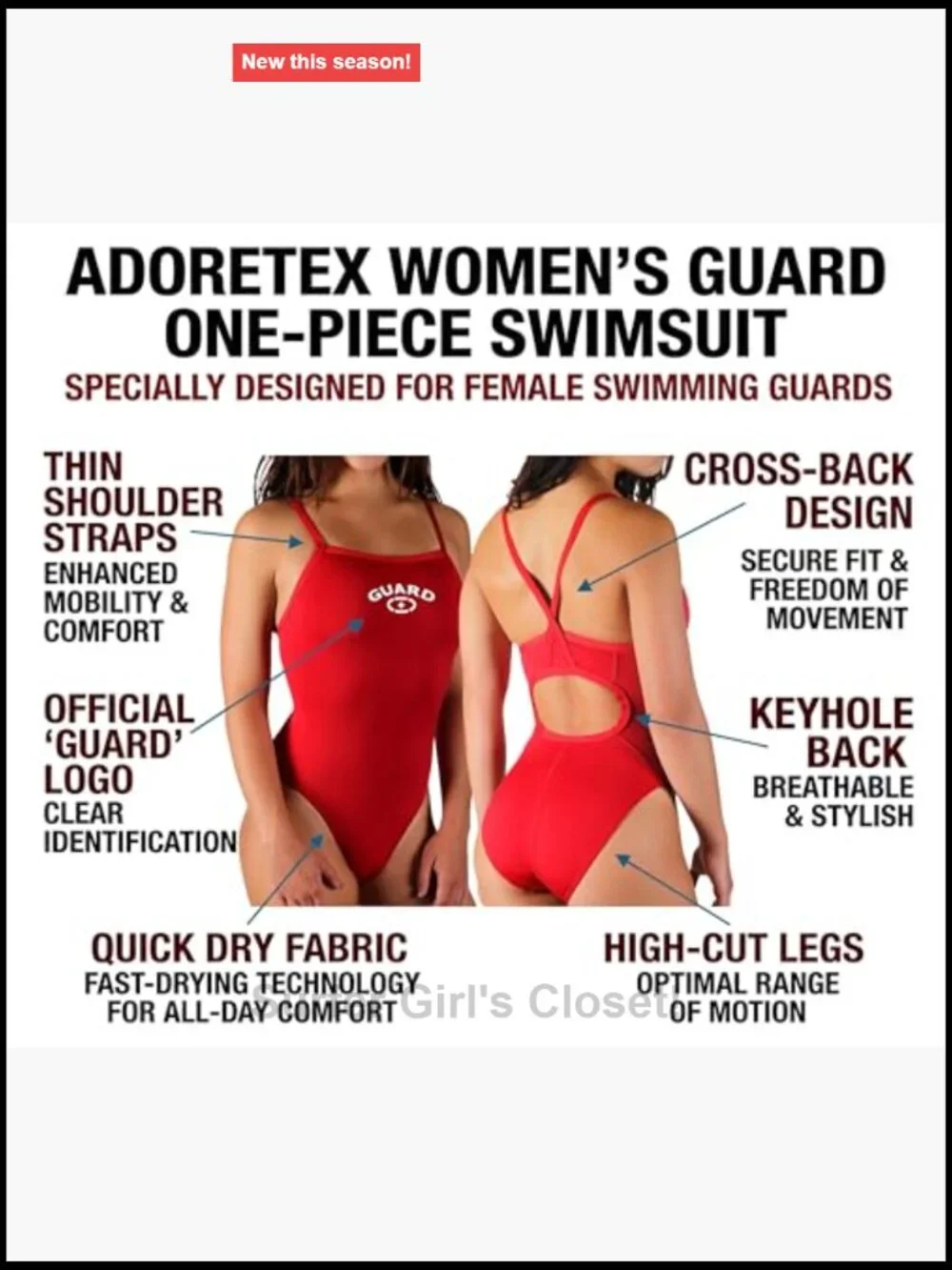 Guard One-Piece Swimsuit with Thin Straps, Quick Dry, Stretch